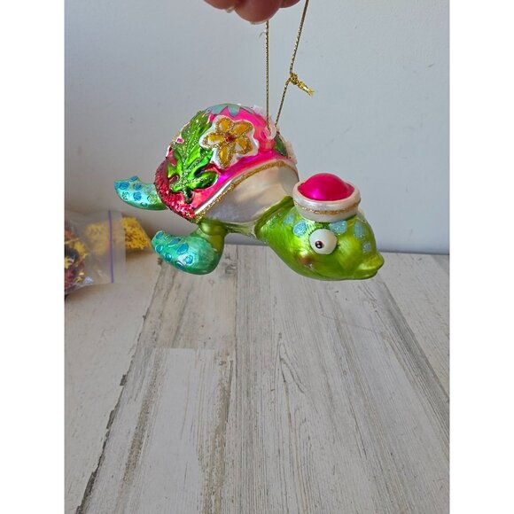 Sea turtle glass Hawaiian flower ornament green glitter Xmas tree - Picture 3 of 8